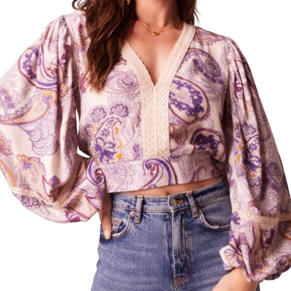 Band of the Free Mirabelle Cream Purple Paisley Boho Lace Crop Top Blouse Small - Picture 10 of 10